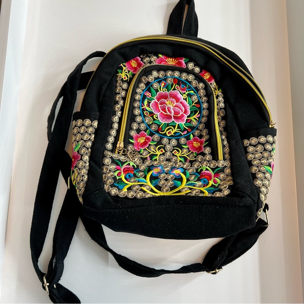 Bohemian Design Mini Backpack with Gold Embroidered Design